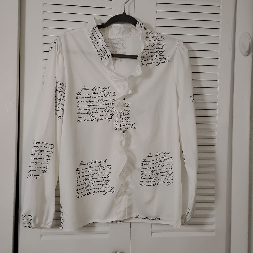 White Ruffle Script Print Blouse - Picture 3 of 3